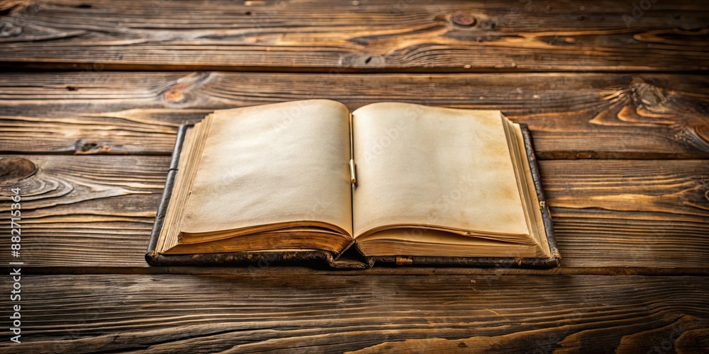 Isolated old book with blank pages on a wooden surface, antique, vintage, empty, open, worn, aged, retro, classic Isolated old book with blank pages on a wooden surface, antique, vintage, empty, open, worn, aged, retro, classic