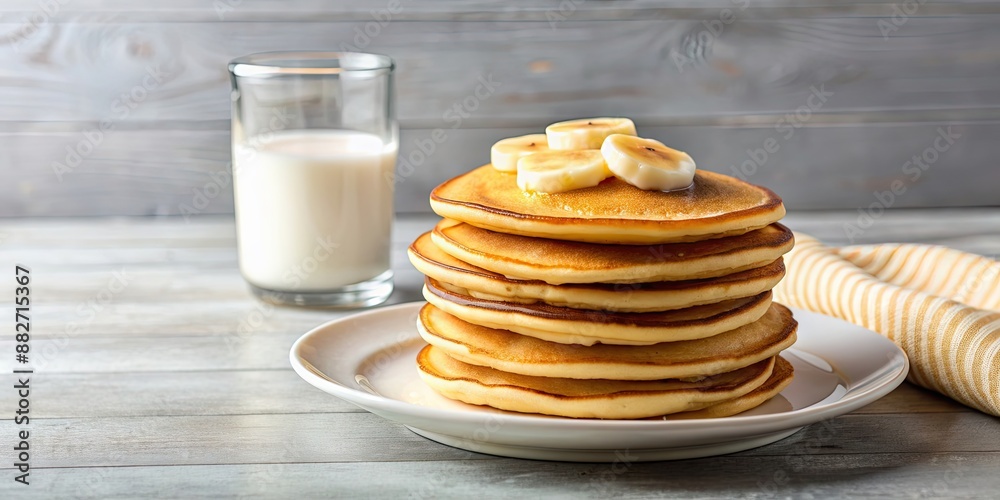 Plate of fluffy pancakes topped with banana slices and a glass of milk, pancakes, fluffy, banana, milk, breakfast Plate of fluffy pancakes topped with banana slices and a glass of milk, pancakes, fluffy, banana, milk, breakfast