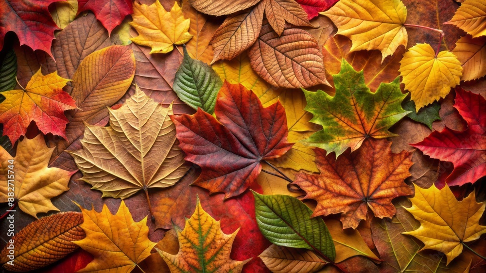 Vibrant autumnal leaves in assorted shapes and sizes create intricate, overlapping patterns against a soft, blurred, earthy brown background. Vibrant autumnal leaves in assorted shapes and sizes create intricate, overlapping patterns against a soft, blurred, earthy brown background.