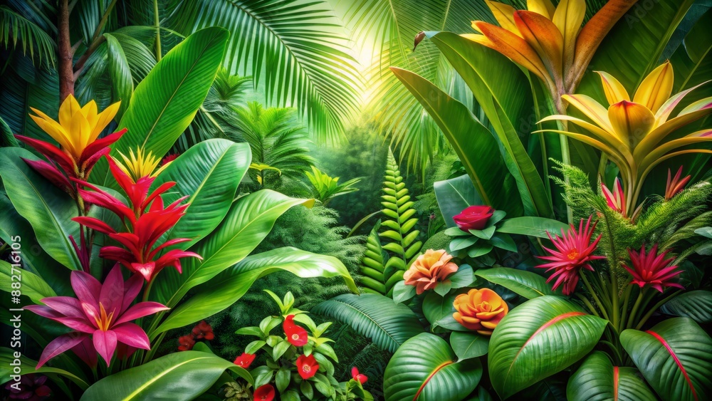 Fototapeta premium Vibrant green tropical foliage with exotic flowers and lush leaves fills the frame in a serene and peaceful atmosphere.