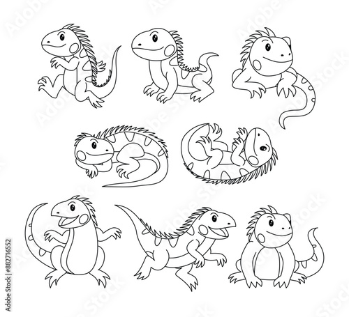 Set of iguana doodle collection, iguana outline coloring page or book animals for kindergarten, Vector line art set of animals wildlife, Hand drawn, Minimal iguana line art doodle in different pose.