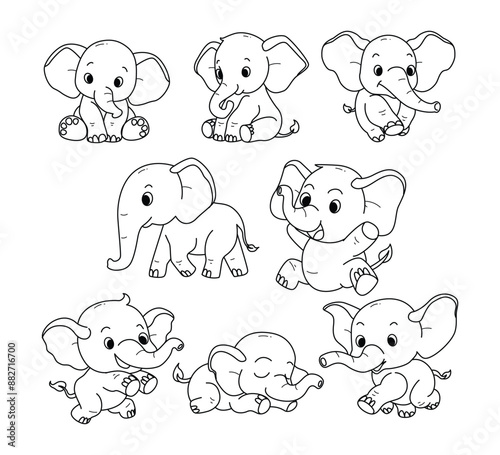 Set of elephant doodle collection, elephant outline coloring page book animals for kindergarten, Vector line art set of animals wildlife, Hand drawn, Minimal elephant line art doodle in different pose