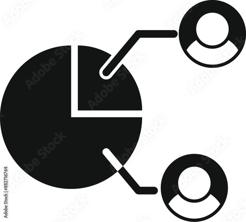 Black and white icon of a pie chart connecting with two people representing audience analysis and reaching the target demographic