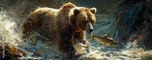 A powerful bear fishing for salmon in a rushing river. photo