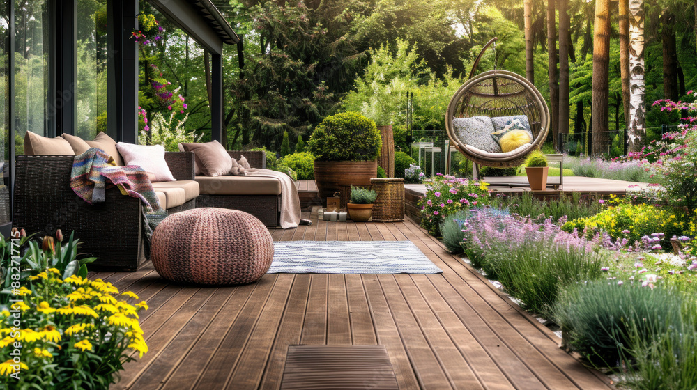 Naklejka premium Relaxing patio with hanging swing, wicker furniture and blooming