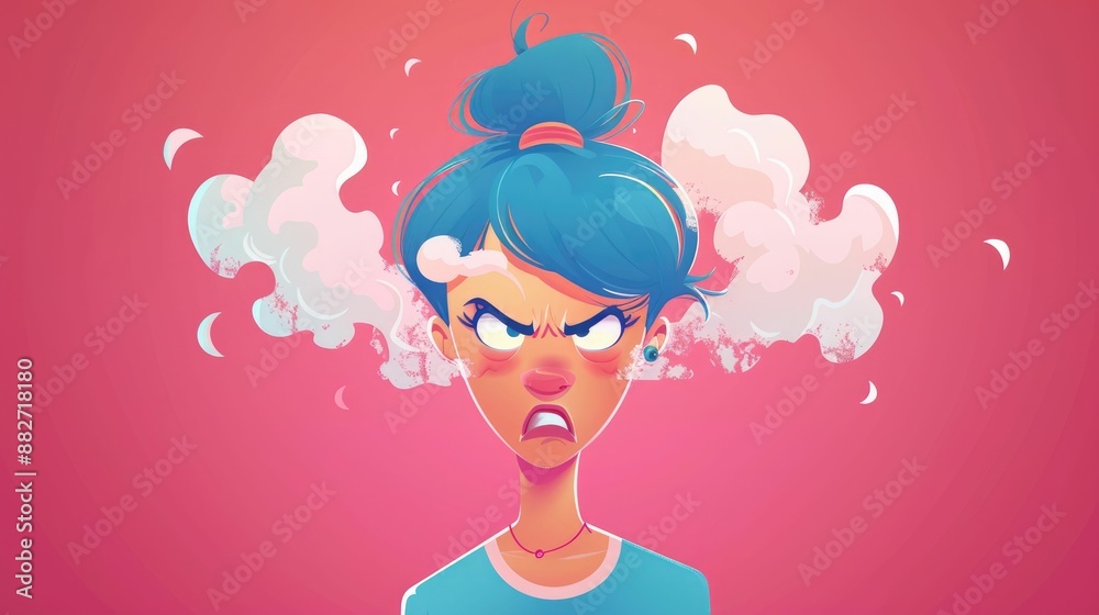Angry cartoon woman with blue hair, steam coming out of her ears. Pink background. Illustration of frustration and anger. Angry cartoon woman with blue hair, steam coming out of her ears. Pink background. Illustration of frustration and anger.