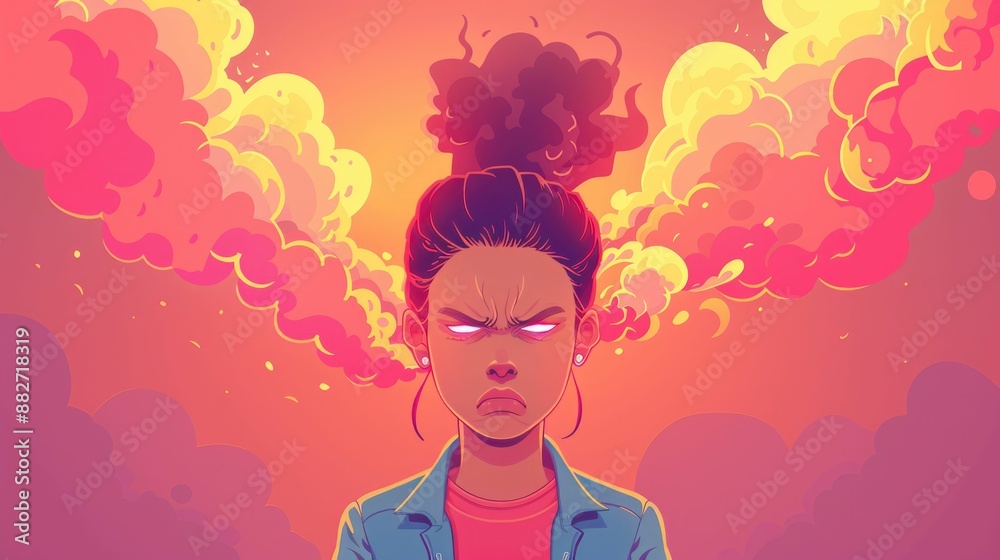 Digital illustration of a frustrated woman with smoke clouds emanating from her, conveying anger and intense emotion with vibrant colors. Digital illustration of a frustrated woman with smoke clouds emanating from her, conveying anger and intense emotion with vibrant colors.