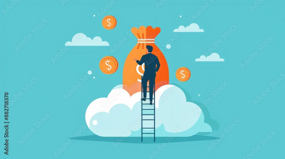 Illustration depicting financial success with a person climbing a ladder to reach a money bag on a cloud, surrounded by dollar coins. Illustration depicting financial success with a person climbing a ladder to reach a money bag on a cloud, surrounded by dollar coins.