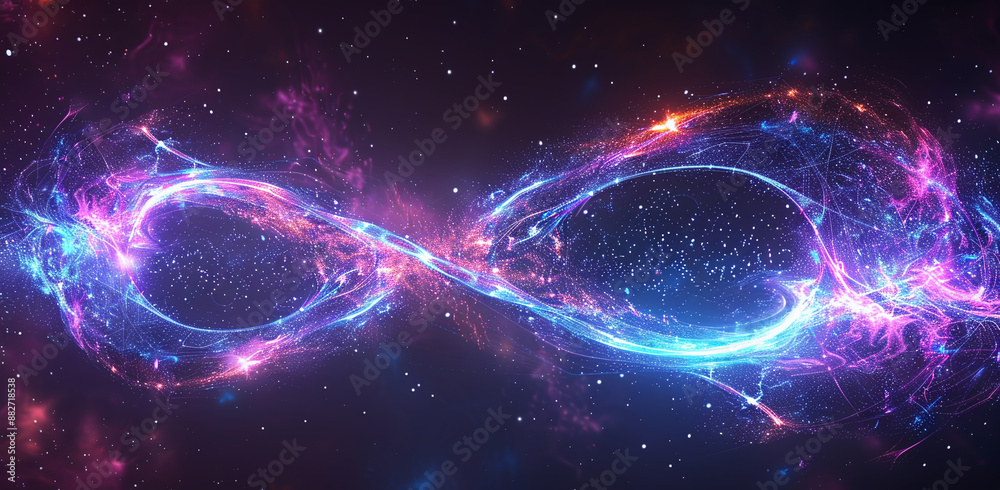 Naklejka premium A vibrant infinity symbol made of glowing light and particles in neon hues of purple, pink, and blue. This dynamic and futuristic design evokes a sense of boundless energy and cosmic wonder.