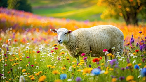Fototapeta Naklejka Na Ścianę i Meble -  Lovely sheep grazing peacefully amongst colorful flowers in a wide meadow during the spring and summer , sheep, flowers