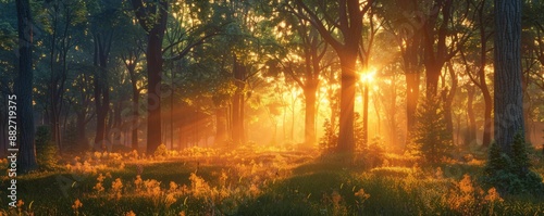 A photorealistic image of a tranquil forest bathed in the warm glow of the setting sun, casting long shadows through the trees. © Svitlana