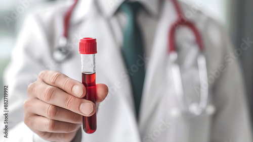 A doctor holding a test tube with a red liquid in it