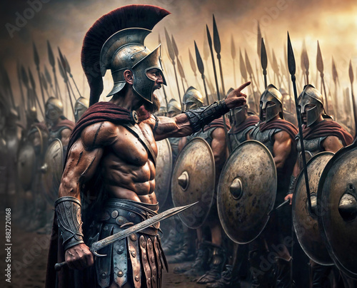 Spartan leader giving a powerful speech in front of a group of soldiers at Thermopylae. photo