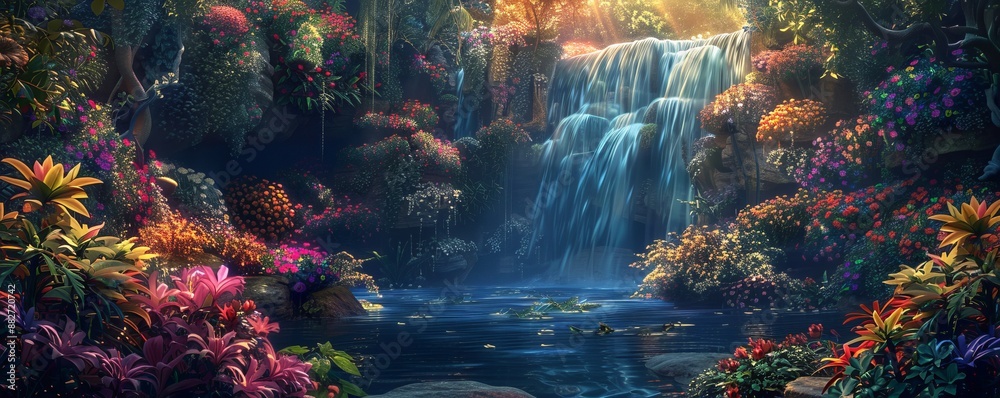 A secret garden hidden behind a waterfall, its paths winding through a maze of colorful flowers and exotic plants.