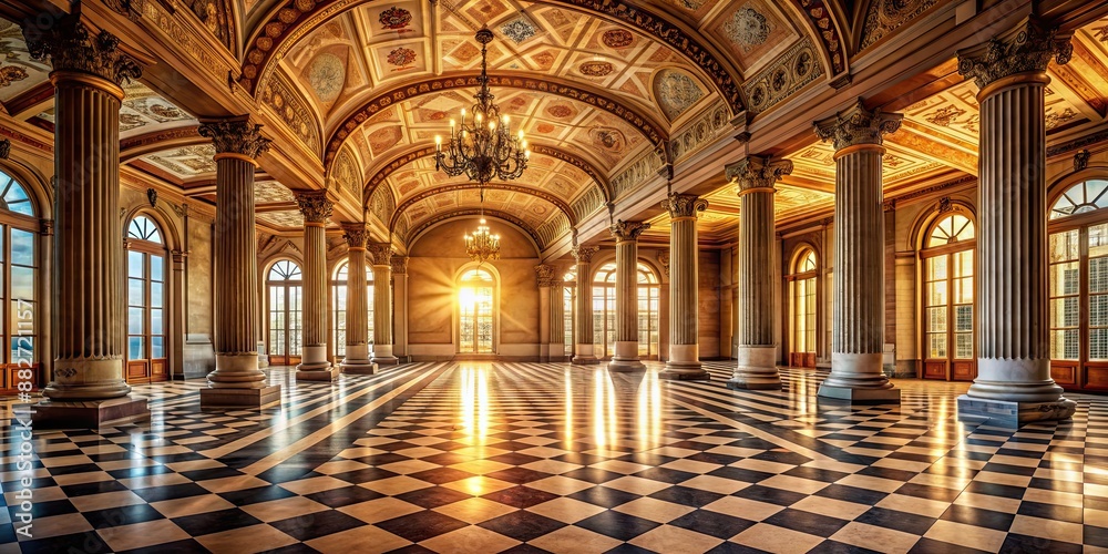 Obraz premium Majestic palace hall with grand columns, ornate ceiling, reflective checkered floor illuminated by warm sunlight