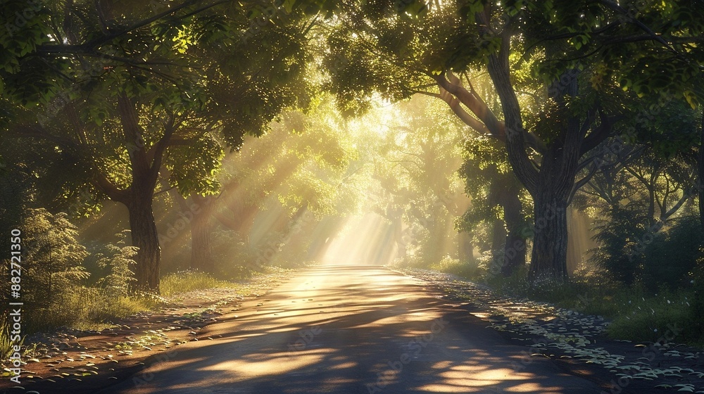 Fototapeta premium road in the park with sun rays