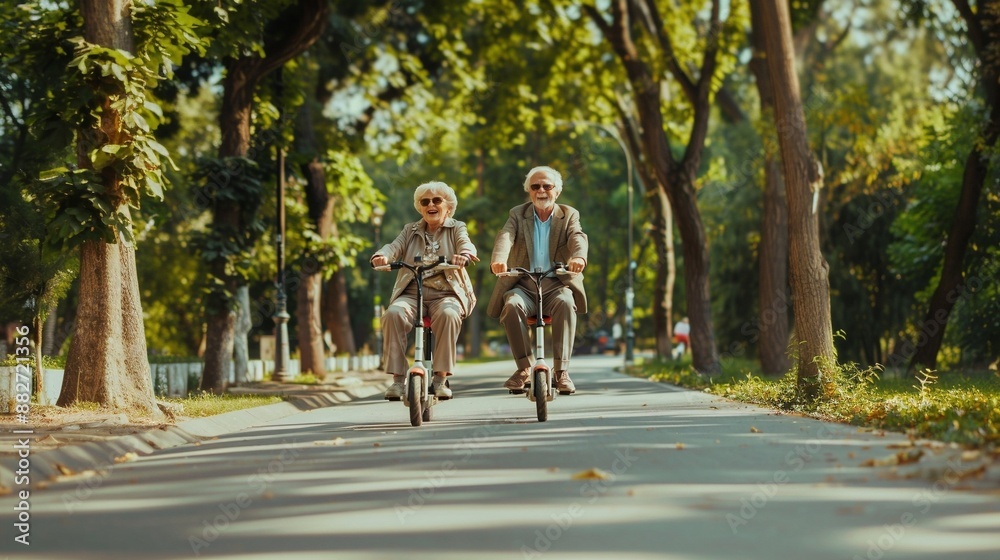 senior man and woman riding scooters in the park senior man and woman riding scooters in the park