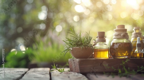 Selective focus on oil jars pestle mortar and grass on wooden background photo