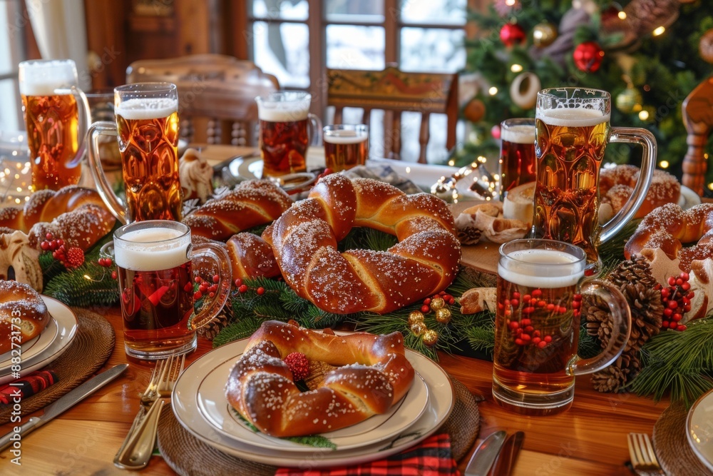 A rustic wooden table adorned with Bavarian pretzels and beer mugs, evoking a traditional Oktoberfest atmosphere A rustic wooden table adorned with Bavarian pretzels and beer mugs, evoking a traditional Oktoberfest atmosphere