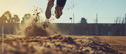 An athlete wearing a red and white uniform leaps gracefully into a sandy landing pit. photo