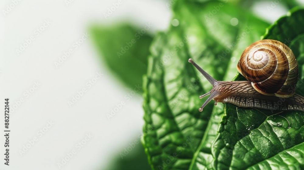 Snail climbing green leaf on white background Snail climbing green leaf on white background