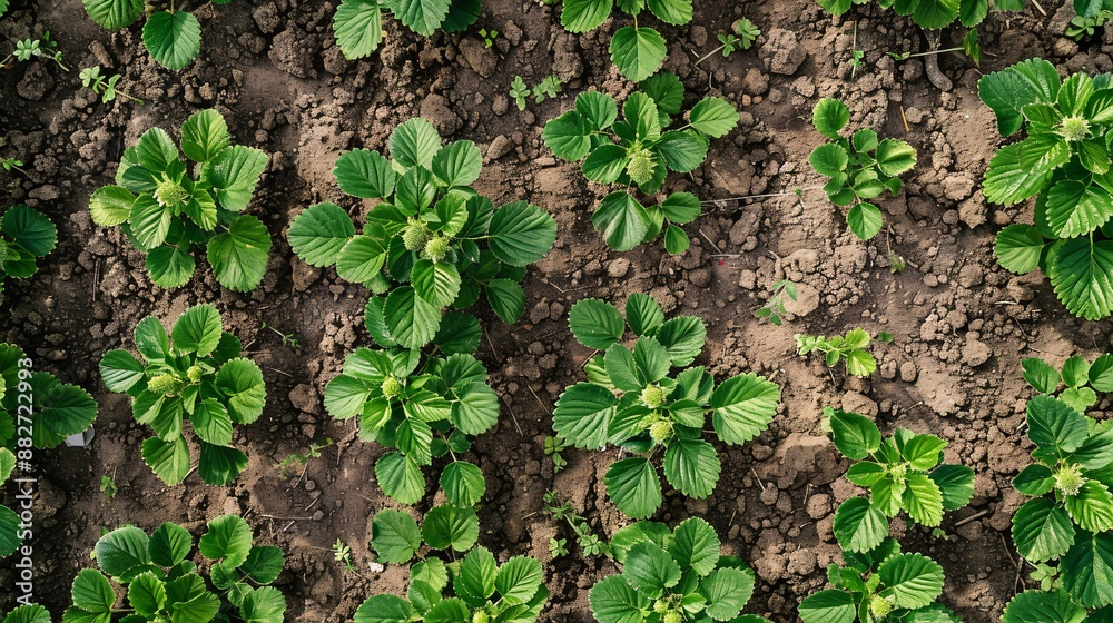 A meadow with a handful of strawberry bushes from above.