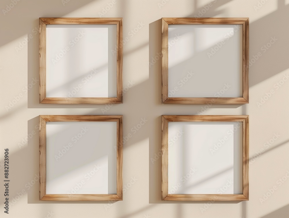 Fototapeta premium Four empty wooden frames hanging on beige colored wall. Picture frame mockup template background.