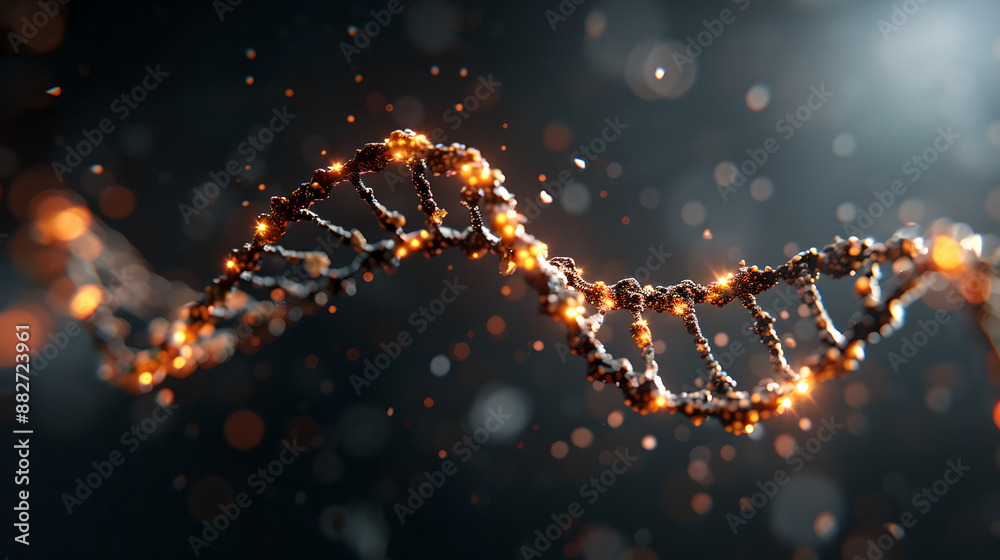 Glowing DNA Helix with Bokeh Effect on Dark Background