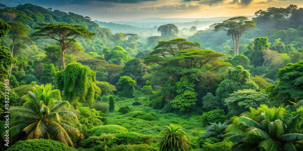 Lush African forest with vibrant green foliage and diverse wildlife, tropical, Africa, trees, vegetation, diverse, wildlife, vibrant Lush African forest with vibrant green foliage and diverse wildlife, tropical, Africa, trees, vegetation, diverse, wildlife, vibrant