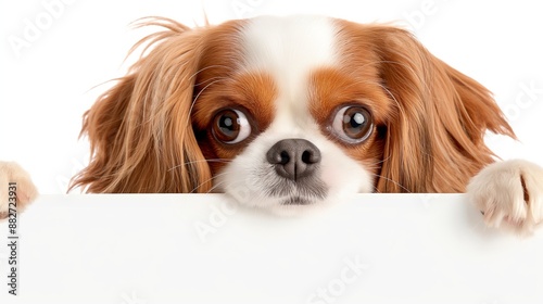 A small dog with brown and white fur is looking at a blank white board. The dog's eyes are focused on the board, and it is curious or interested in what is written on it © Trusha