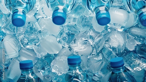 Plastic Water Bottles With Blue Caps in Freezing Blue Ice 