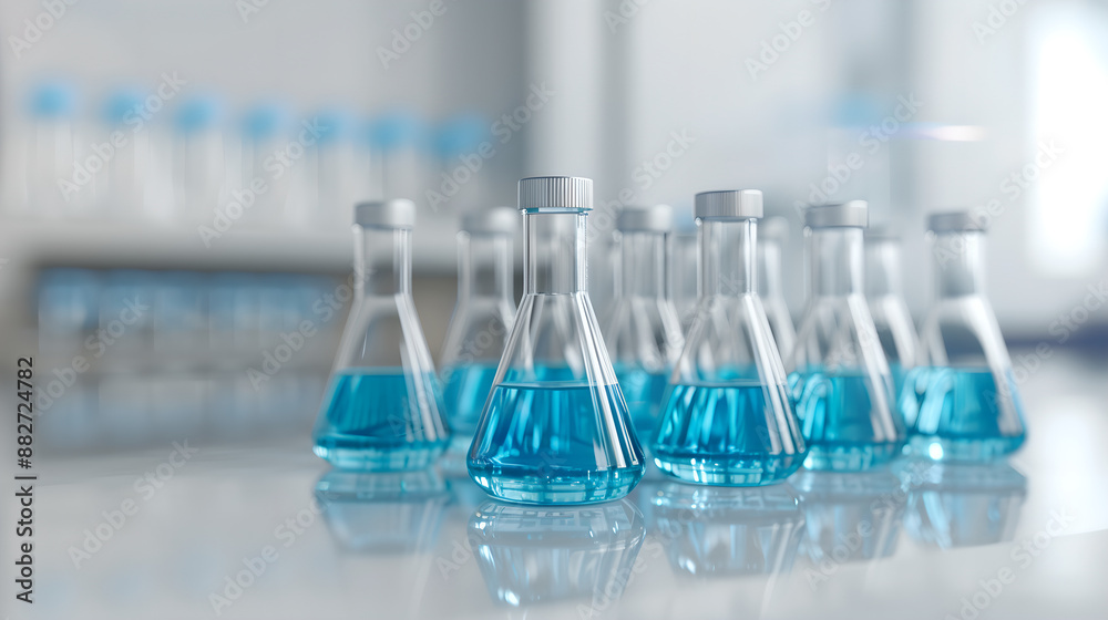 Blue Chemical Solution in Laboratory Flasks Blue Chemical Solution in Laboratory Flasks