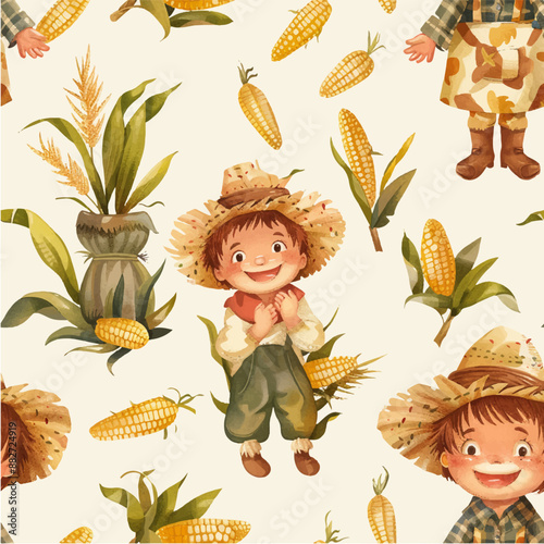 Seamless pattern children in big hats with corn cobs on white background