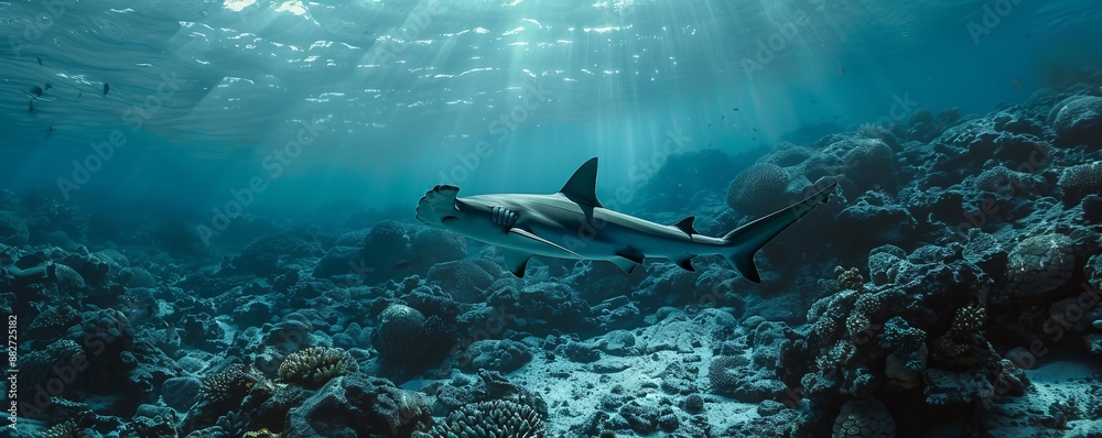 Fototapeta premium Majestic hammerhead shark patrolling the reef, 4K hyperrealistic photo