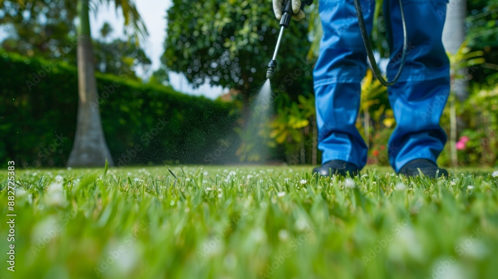 Worker applying pest control solution on lush green lawn for effective pest management Worker applying pest control solution on lush green lawn for effective pest management