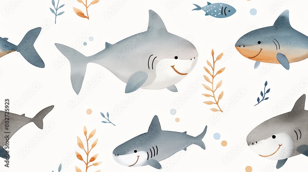 Seamless pattern of cartoon sharks and fish on a light background, perfect for kid's room decor or ocean-themed projects. Seamless pattern of cartoon sharks and fish on a light background, perfect for kid's room decor or ocean-themed projects.
