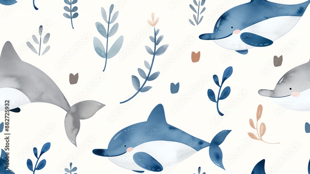 Seamless pattern of cute pastel dolphins with leaves, perfect for kids' illustrations, wallpapers, and fabric designs.