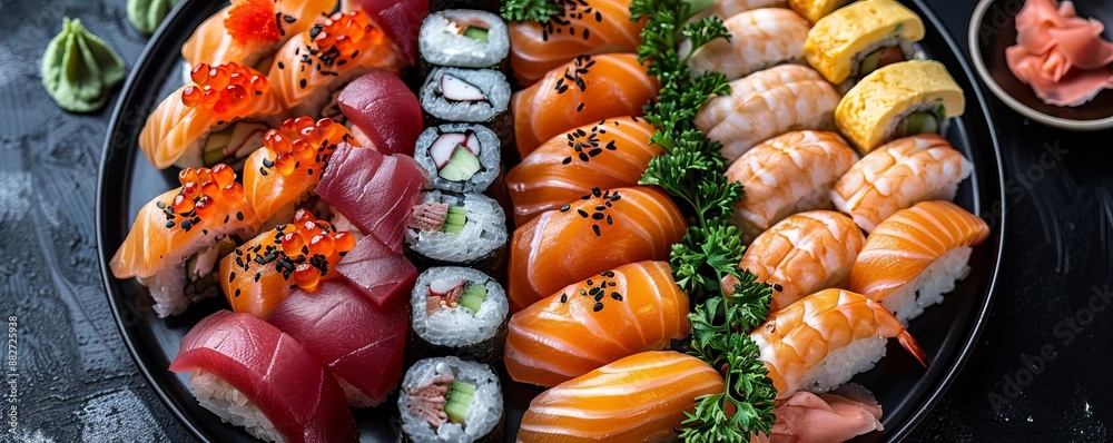 A sushi platter with colorful sashimi, nigiri, and maki rolls, arranged artfully on a black plate. A sushi platter with colorful sashimi, nigiri, and maki rolls, arranged artfully on a black plate.