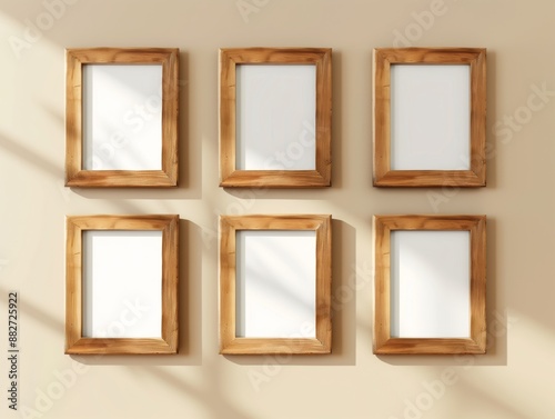 Six empty wooden frames hanging on beige colored wall. Picture frame mockup template background. © umut hasanoglu