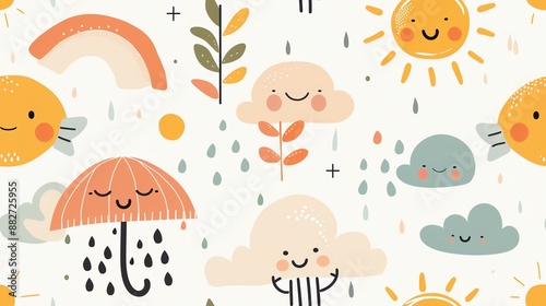 Cute hand-drawn weather pattern featuring smiling suns, rain clouds, umbrellas, and rainbows. Perfect for children's designs and decor.