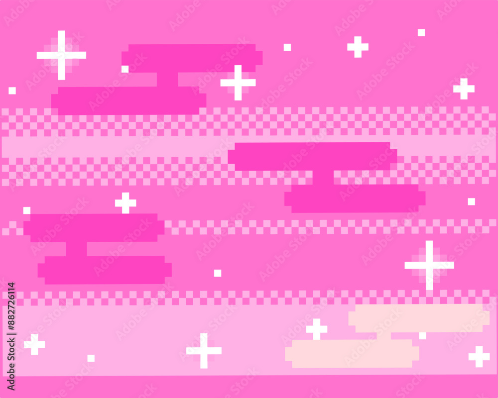 Pixel sky background. Pink bright sky with stars. Pixel sky background. Pink bright sky with stars.