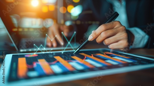 Close-up shot of an analytical working with the latest financial results
Financial accounting sales forecast graphs analysis with hand writing , digital effect abstract for background