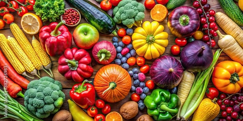 Fototapeta Naklejka Na Ścianę i Meble -  of a colorful array of seasonal fruits and vegetables , fresh, healthy, nutritious, organic, harvest, market, food, produce