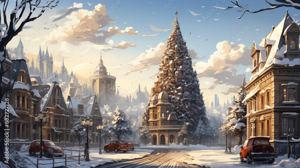Obraz premium A Festive Christmas Tree Decorated In A Snowy Town Square With A Sunny Sky