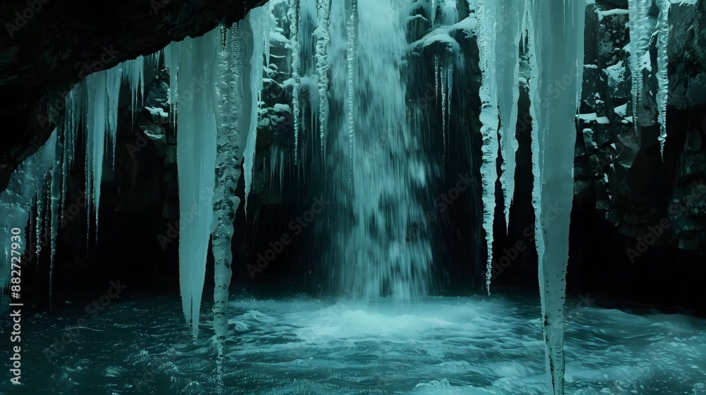 Clean water falling down from icicles inside dark icy cave in iceland. 