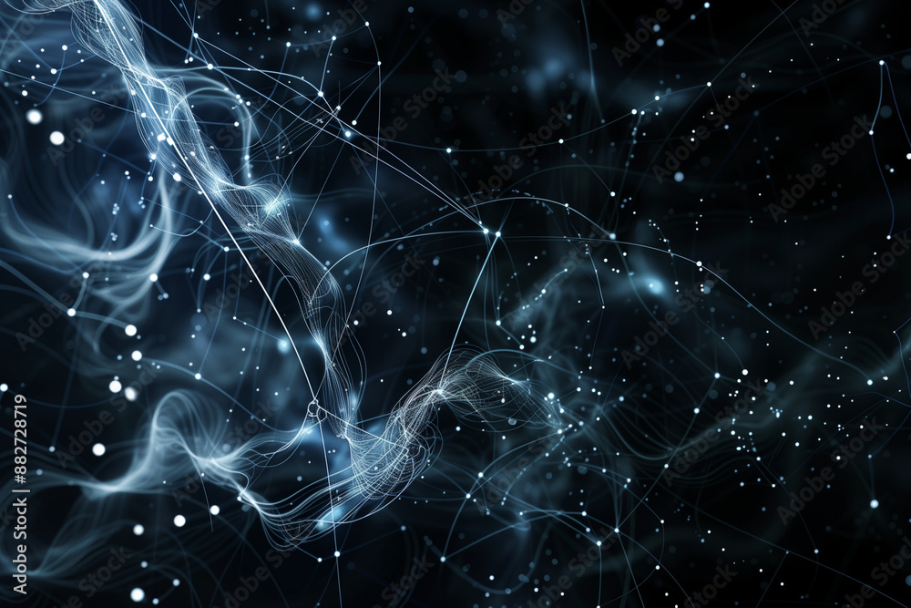 A black background with blue lines and dots representing data, flowing in waves like an ocean or river. The curves of the lines create ripples that appear to be moving forward towards one another, cre A black background with blue lines and dots representing data, flowing in waves like an ocean or river. The curves of the lines create ripples that appear to be moving forward towards one another, cre
