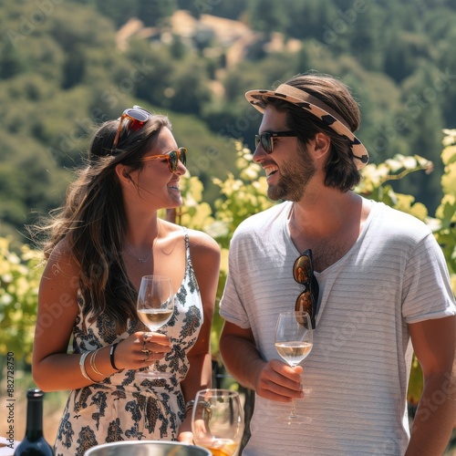 Couple Enjoying Wine Tasting in a California Vineyard on a Sunny Day