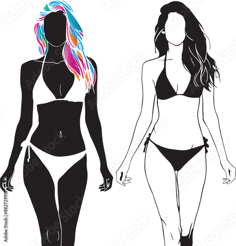 Beautiful girl in bikini black and white drawing, silhouette of a woman in bikini, Vector illustration