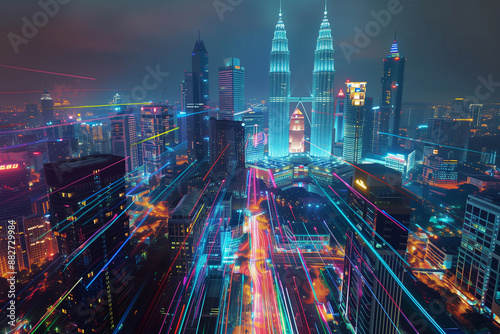 Wallpaper Mural futuristic cityscape glowing with blue neon light trails in the night sky, with the Kuala Lumpur skyline and twin towers in the background Torontodigital.ca