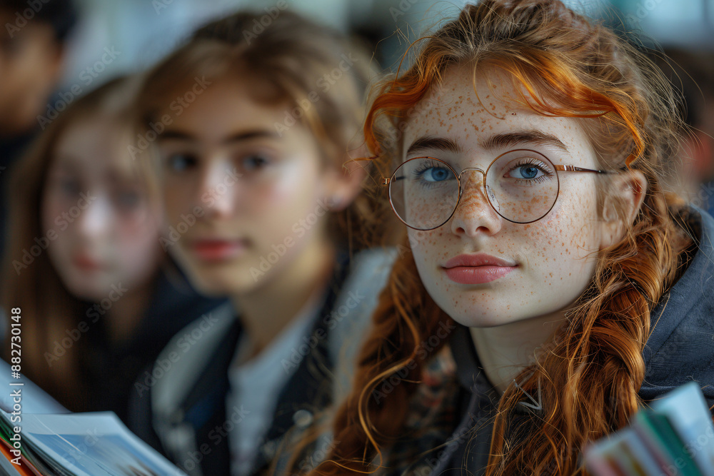 A close-up of a young girl with red hair and freckles, wearing round glasses, looking directly at the camera, surrounded by two blurred figures A close-up of a young girl with red hair and freckles, wearing round glasses, looking directly at the camera, surrounded by two blurred figures